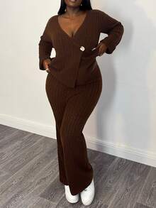 Selianne Set 2 Potong Kardigan Rajut Longgar Lembut dan Celana Rajut Lebar untuk Wanita - Coffee Brown - View 5