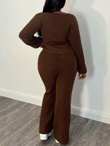 Selianne Set 2 Potong Kardigan Rajut Longgar Lembut dan Celana Rajut Lebar untuk Wanita - Coffee Brown - View 2