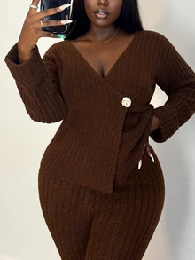 Selianne Set 2 Potong Kardigan Rajut Longgar Lembut dan Celana Rajut Lebar untuk Wanita - Coffee Brown - View 4