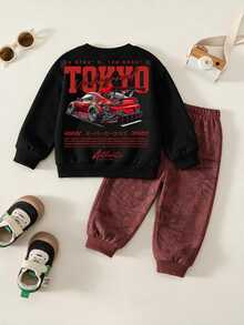 Young Boys Loose Fit Sports Casual Comfortable Long Sleeve Sweatshirt And Pants 2 Pieces Set, Suitable For Autumn/Winter, Classic Handsome Street Style Retro Racing Car Print, Suitable For Sports, Y2K - Multicolor - View 3