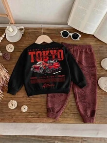 Young Boys Loose Fit Sports Casual Comfortable Long Sleeve Sweatshirt And Pants 2 Pieces Set, Suitable For Autumn/Winter, Classic Handsome Street Style Retro Racing Car Print, Suitable For Sports, Y2K - Multicolor - View 2