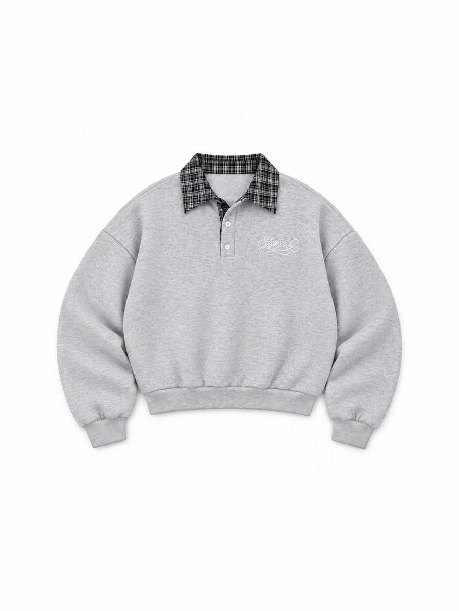 STYNVO Men's Embroidered Button Half-Zip Placket Plaid Patchwork Sweatshirt - Grey - View 1