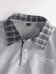 STYNVO 男士刺繡鈕扣半拉鍊領格紋拼接運動衫 - 灰色 - 查看 4