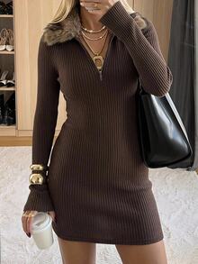 SHEIN EZwear Dark Brown Patchwork Fur Collar Long Sleeve Fashion Mini Dress Night Out Autumn Sexy - Coffee - View 8