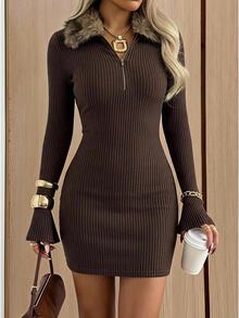 SHEIN EZwear Dark Brown Patchwork Fur Collar Long Sleeve Fashion Mini Dress Night Out Autumn Sexy - Coffee - View 1