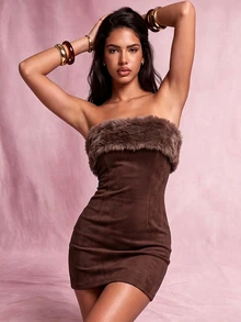 Nooralise Fashion Street Style Y2K Suede Faux Fur Patchwork Tube Dress - Brown - View 1