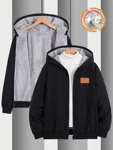 SHEIN 青少年男孩休閒基本款毛絨內裡連帽冬外套 保暖內裡加厚夾棉外套 - 黑色 - 查看 5