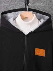 SHEIN 青少年男孩休閒基本款毛絨內裡連帽冬外套 保暖內裡加厚夾棉外套 - 黑色 - 查看 7