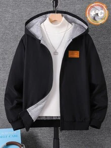 SHEIN 青少年男孩休閒基本款毛絨內裡連帽冬外套 保暖內裡加厚夾棉外套 - 黑色 - 查看 4