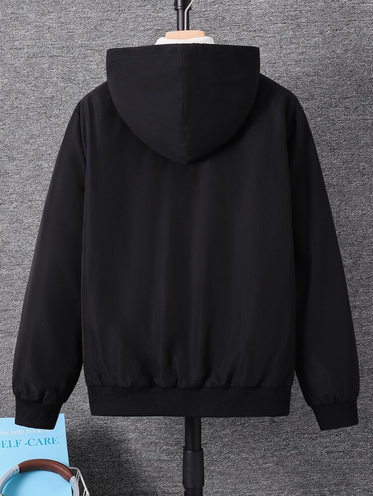 SHEIN Teen Boy Teen Boys' Casual Basic Plush Lining Jacket Casual Hooded Winter Coat Thermal Lined Padded - Black - View 2