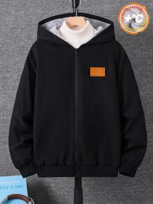 SHEIN 青少年男孩休閒基本款毛絨內裡連帽冬外套 保暖內裡加厚夾棉外套 - 黑色 - 查看 8