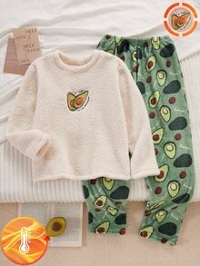 青少年抓絨睡衣套裝，休閒款酪梨刺繡印花米色上衣與綠色長褲，柔軟毛絨面料，1套，秋冬款 - 彩色 - 查看 7