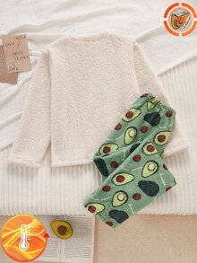 青少年抓絨睡衣套裝，休閒款酪梨刺繡印花米色上衣與綠色長褲，柔軟毛絨面料，1套，秋冬款 - 彩色 - 查看 2