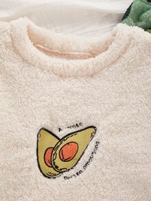 青少年抓絨睡衣套裝，休閒款酪梨刺繡印花米色上衣與綠色長褲，柔軟毛絨面料，1套，秋冬款 - 彩色 - 查看 8