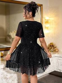 Elenzga Plus Size Sexy Black Knitted Fabric A Line Short Dress With Random Print - Black - View 4