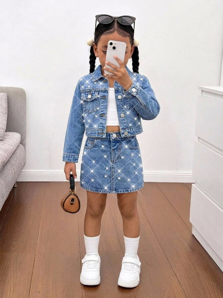 兒童 2件組 Y2K 風格亮面水鑽藍色丹寧寬鬆夾克與迷你裙套裝,女童秋冬街頭穿搭幼童套裝 - 藍色 - 查看 1