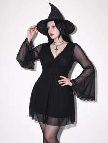 SHEIN ICON Plus Size Y2K Retro Gothic Flare Sleeve Mesh V-Neck Dress, Halloween Dress, Gothic Style Dress Fall - Black - View 1