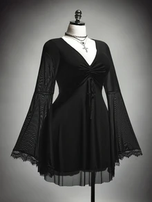 SHEIN ICON Plus Size Y2K Retro Gothic Flare Sleeve Mesh V-Neck Dress, Halloween Dress, Gothic Style Dress Fall - Black - View 2