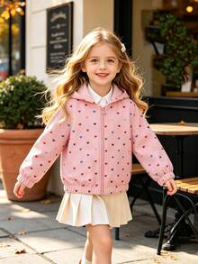 SHEIN Elladie kids 女童彩色愛心印花連帽拉鍊夾克，秋季長袖休閒外套，輕便夾克 - 粉色 - 查看 1