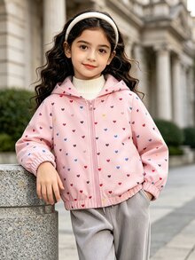 SHEIN Elladie kids 女童彩色愛心印花連帽拉鍊夾克，秋季長袖休閒外套，輕便夾克 - 粉色 - 查看 4