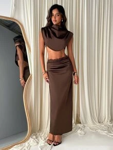 Aloruh Sexy Girl Black Party Outing Stand Collar Ruched Lace Patchwork Cap Sleeve Cropped Top + Lace Patchwork Boning Pressed Line Mini Dress - Black - View 1