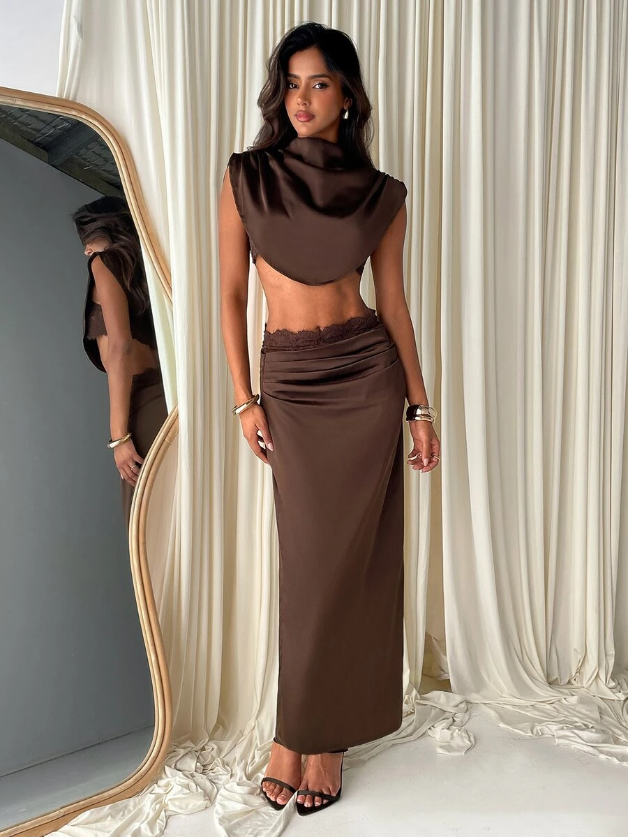 Aloruh Sexy Girl Black Party Outing Stand Collar Ruched Lace Patchwork Cap Sleeve Cropped Top + Lace Patchwork Boning Pressed Line Mini Dress - Black - View 1