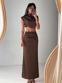 Aloruh Sexy Girl Black Party Outing Stand Collar Ruched Lace Patchwork Cap Sleeve Cropped Top + Lace Patchwork Boning Pressed Line Mini Dress - Black - View 7