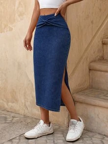 Flexra Fall Casual Slit Denim Daily Wear Washed Comfortable Flattering Versatile Denim Skirt For Women - Dark Wash - View 8