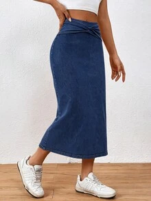Flexra Fall Casual Slit Denim Daily Wear Washed Comfortable Flattering Versatile Denim Skirt For Women - Dark Wash - View 5