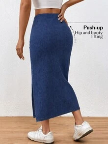 Flexra Fall Casual Slit Denim Daily Wear Washed Comfortable Flattering Versatile Denim Skirt For Women - Dark Wash - View 2