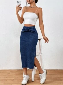 Flexra Fall Casual Slit Denim Daily Wear Washed Comfortable Flattering Versatile Denim Skirt For Women - Dark Wash - View 4