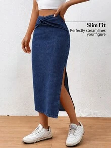 Flexra Fall Casual Slit Denim Daily Wear Washed Comfortable Flattering Versatile Denim Skirt For Women - Dark Wash - View 3