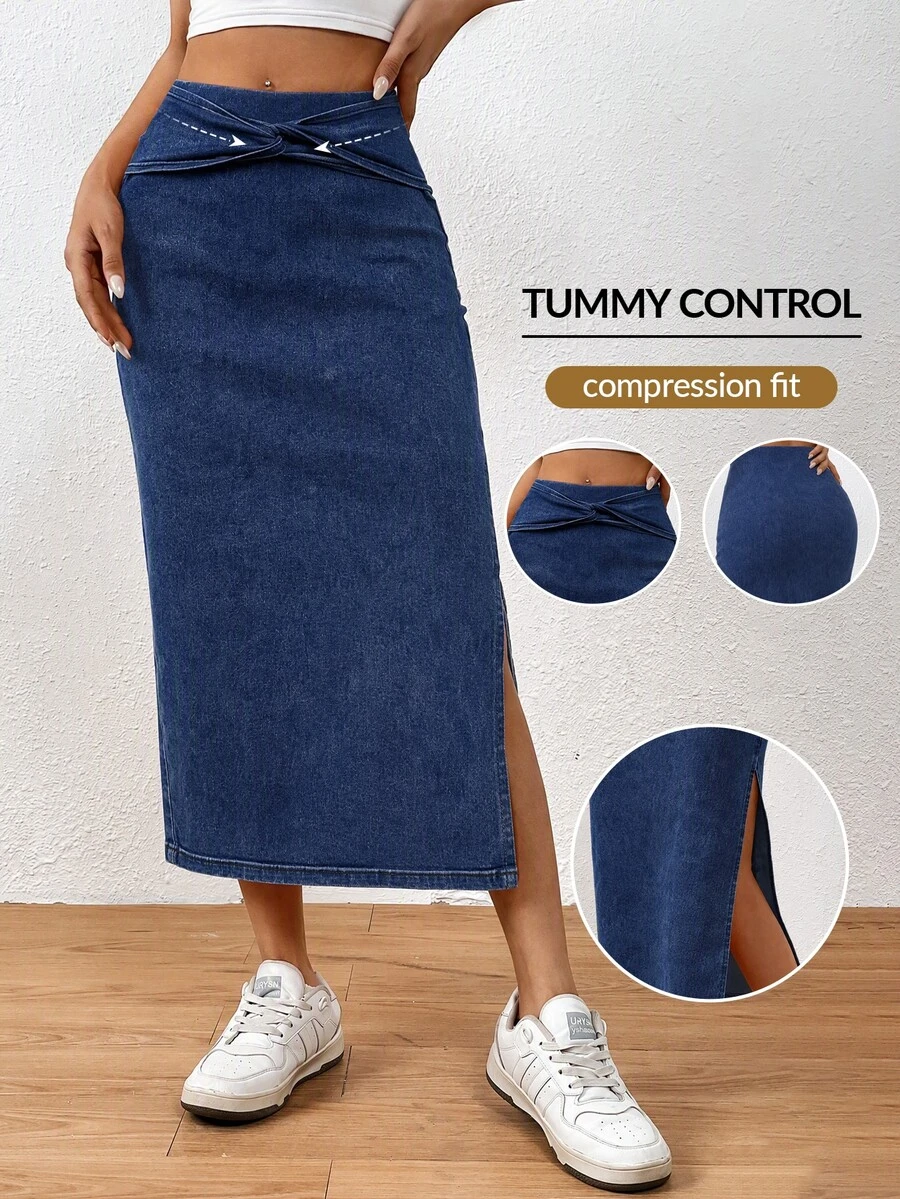 Flexra Fall Casual Slit Denim Daily Wear Washed Comfortable Flattering Versatile Denim Skirt For Women - Dark Wash - View 1