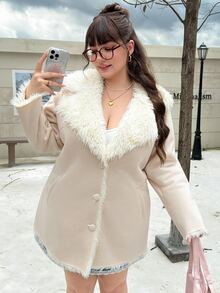 CovetEZ 秋冬大码性感简约风格仿毛领中长款大衣 - 杏色 - 查看 5