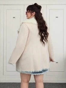 CovetEZ 秋冬大码性感简约风格仿毛领中长款大衣 - 杏色 - 查看 2