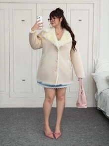 CovetEZ 秋冬大码性感简约风格仿毛领中长款大衣 - 杏色 - 查看 7