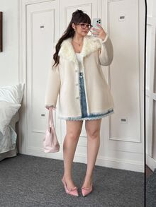 CovetEZ 秋冬大码性感简约风格仿毛领中长款大衣 - 杏色 - 查看 4