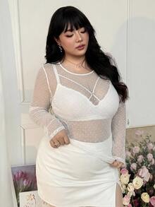 CovetEZ 大尺碼女款波點網紗透視修身上衣 - 白色 - 查看 9