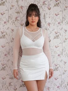CovetEZ 大尺碼女款波點網紗透視修身上衣 - 白色 - 查看 7