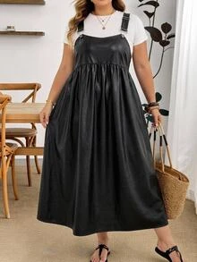 SHEIN CURVE+ Plus Size Summer Casual Solid Color Spaghetti Strap Dress - Black - View 3