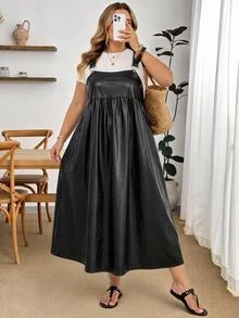 SHEIN CURVE+ Plus Size Summer Casual Solid Color Spaghetti Strap Dress - Black - View 4