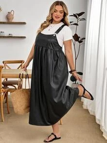 SHEIN CURVE+ Plus Size Summer Casual Solid Color Spaghetti Strap Dress - Black - View 5