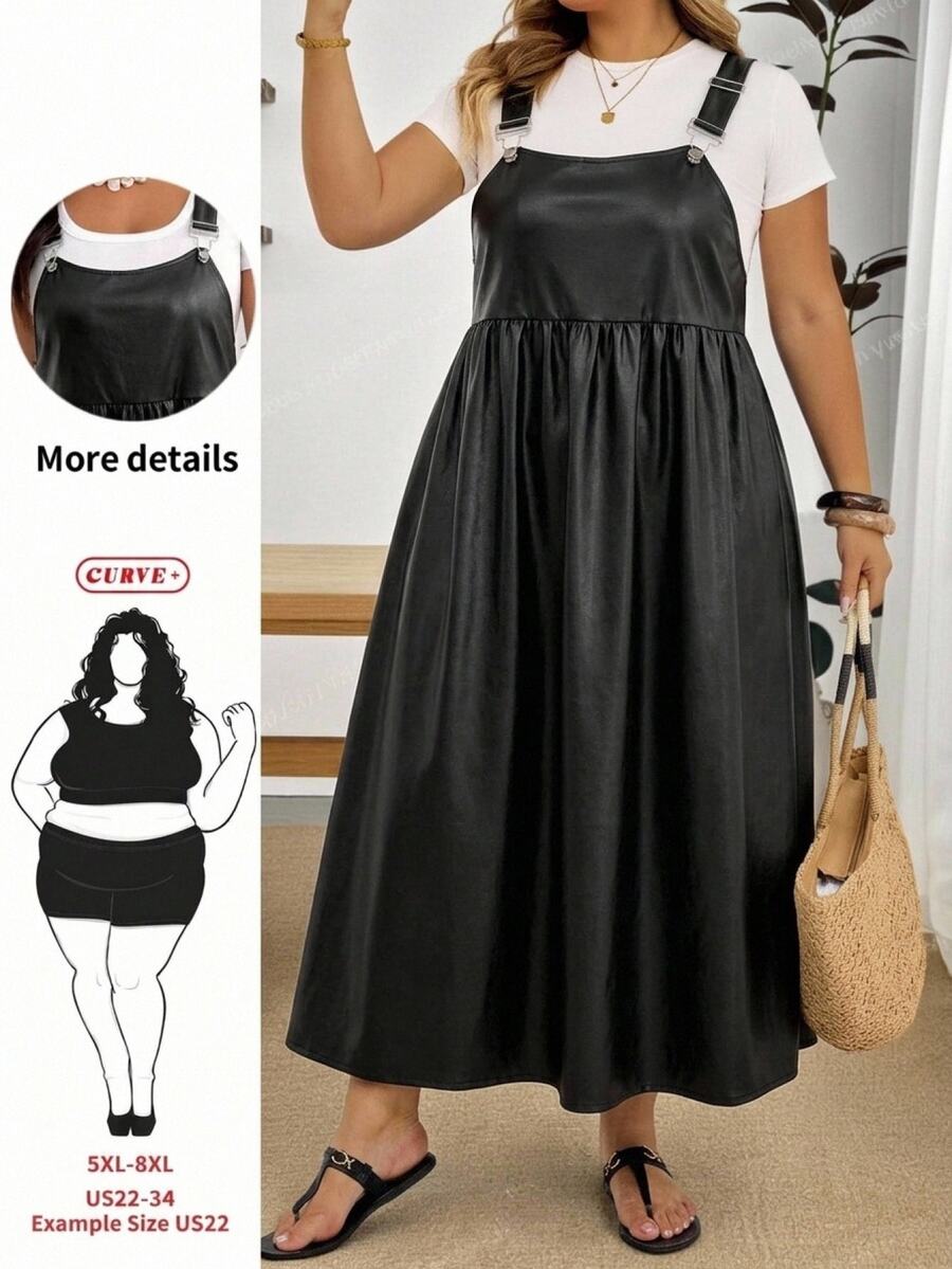 SHEIN CURVE+ Plus Size Summer Casual Solid Color Spaghetti Strap Dress - Black - View 1