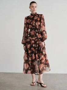 Aveloria Modichic 女款雪紡高腰收腰 A 字蛋糕層次裙洋裝，高領荷葉邊設計，彈性腰褶皺，三層下擺，長袖袖口 - 彩色 - 查看 4