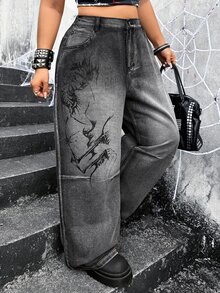 Jeanoix Y2K 90s Goth Plus Size Outdoor Concert Party Street Dark Abstract Print Black Grey Denim Wide Leg Pants Halloween Summer - Dark Grey - View 5