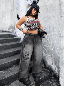 Jeanoix Y2K 90s Goth Plus Size Outdoor Concert Party Street Dark Abstract Print Black Grey Denim Wide Leg Pants Halloween Summer - Dark Grey - View 6