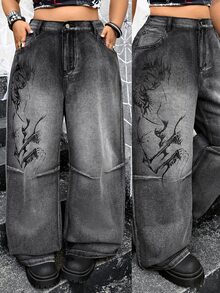 Jeanoix Y2K 90s Goth Plus Size Outdoor Concert Party Street Dark Abstract Print Black Grey Denim Wide Leg Pants Halloween Summer - Dark Grey - View 1