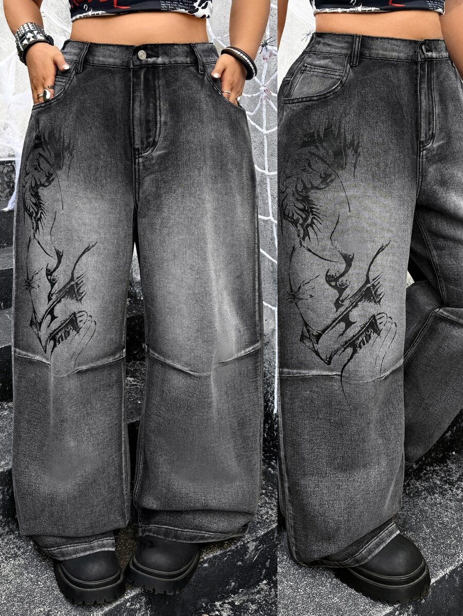 Jeanoix Y2K 90s Goth Plus Size Outdoor Concert Party Street Dark Abstract Print Black Grey Denim Wide Leg Pants Halloween Summer - Dark Grey - View 1
