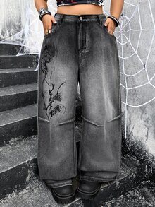 Jeanoix Y2K 90s Goth Plus Size Outdoor Concert Party Street Dark Abstract Print Black Grey Denim Wide Leg Pants Halloween Summer - Dark Grey - View 8