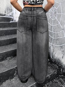 Jeanoix Y2K 90s Goth Plus Size Outdoor Concert Party Street Dark Abstract Print Black Grey Denim Wide Leg Pants Halloween Summer - Dark Grey - View 2